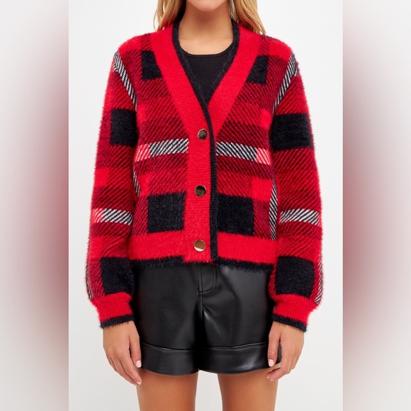 English Factory Checkered Plaid Cardigan in Red and Black‎ V-Neck size large - Picture 1 of 12